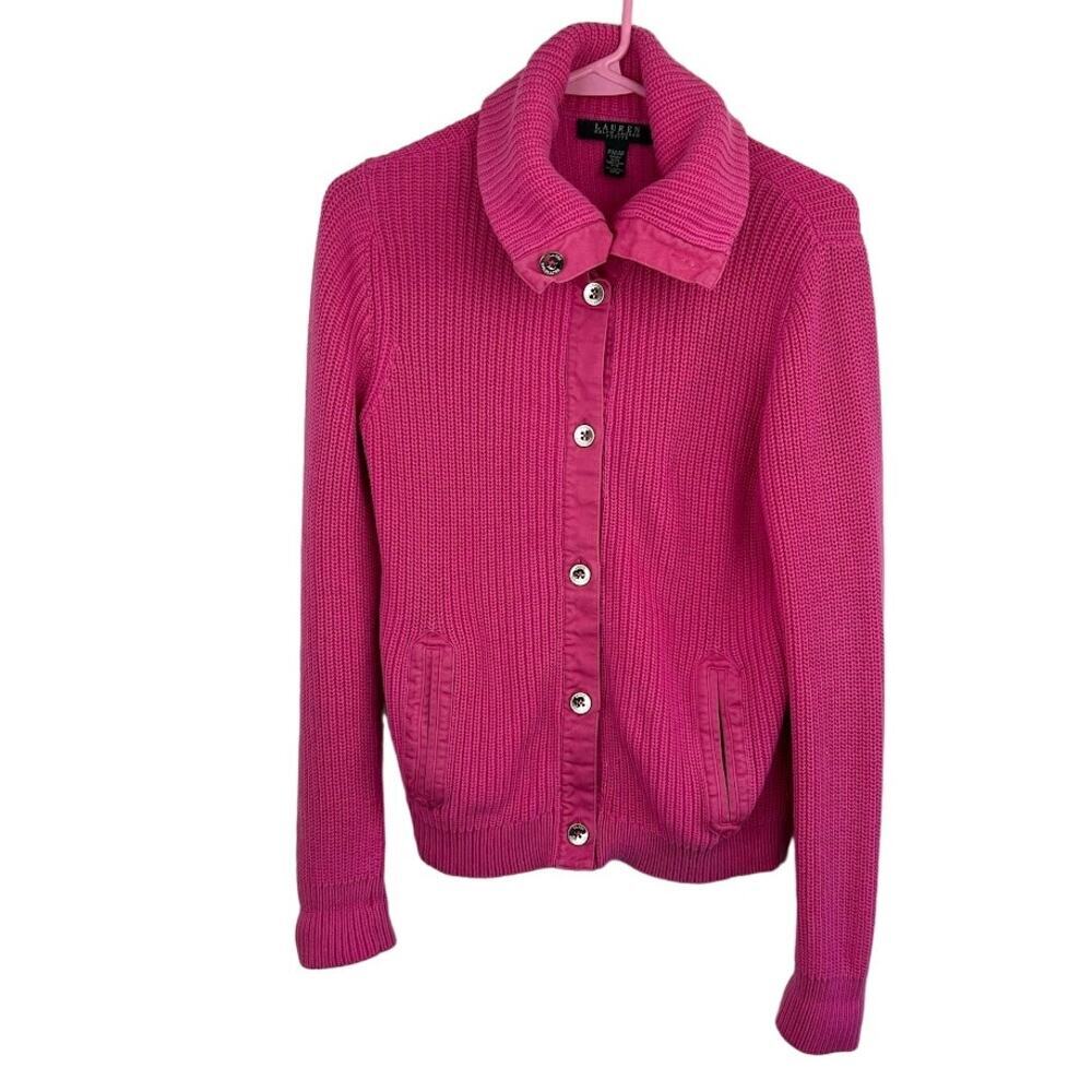 Lauren ralph lauren pink knit button up collard sweater size medium